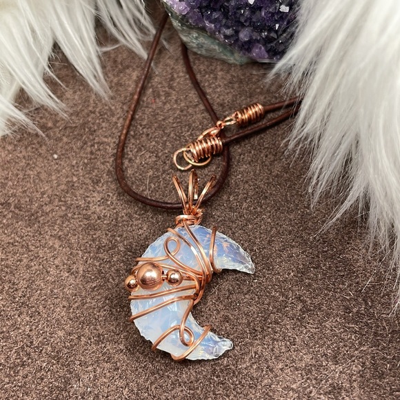 Genuine Opalite Crescent Moon Copper Wrap Leather Cord Boho Style - Picture 16 of 17